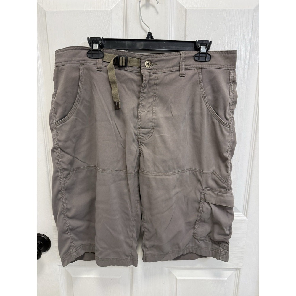 Prana Mens Large Zion Shorts Belted Stretch Cargo Hiking 36x12 Mud Gray Workwear